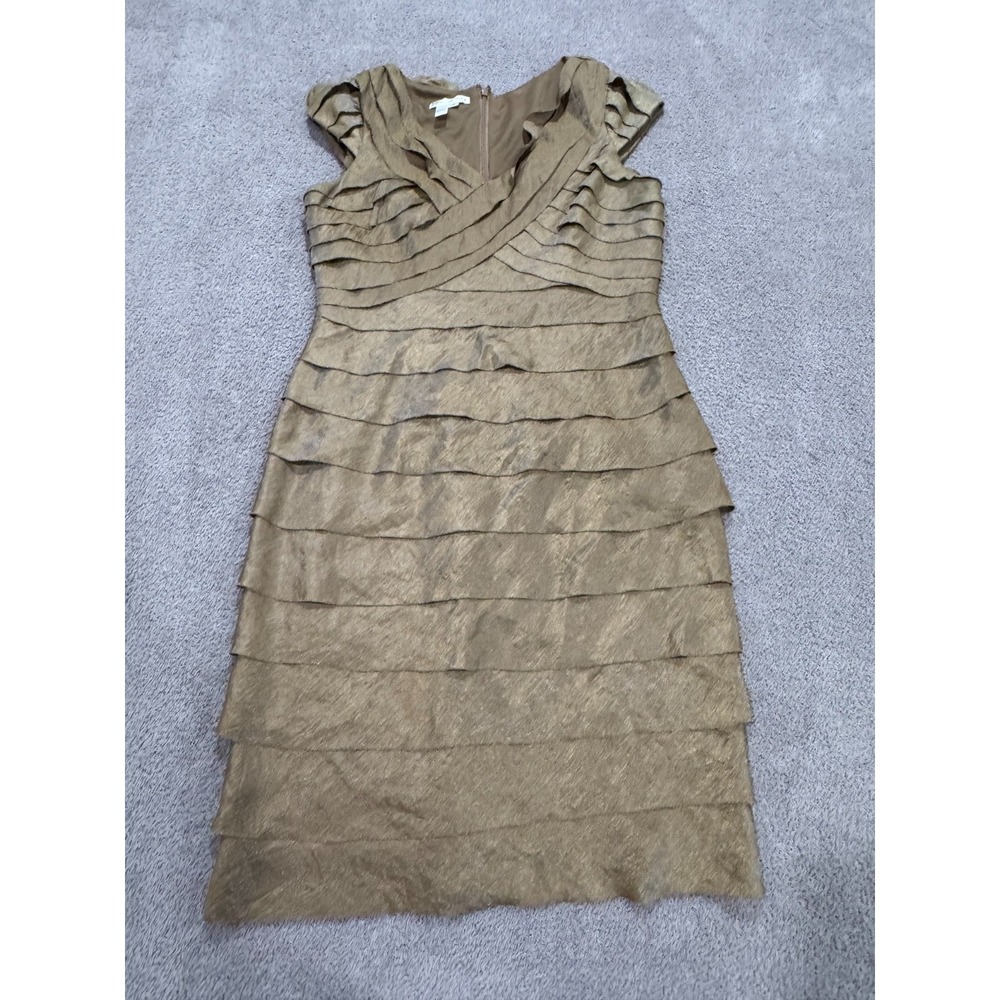 London Times Gold Tiered Ruffle Cocktail Dress Women 12 Formal Metallic Classic